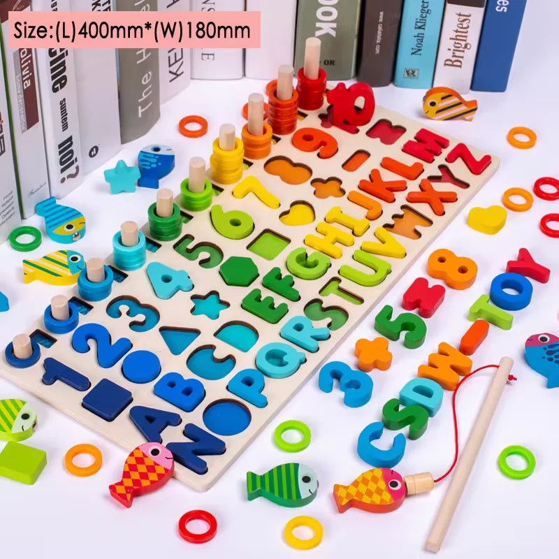 Colorful wooden alphabet and number puzzle board with stacking rings, fishing game pieces, and geometric shapes for kids learning and play.
