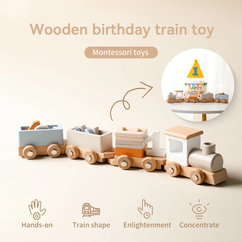 Wooden Montessori birthday train toy with pastel colors, educational hands-on playset