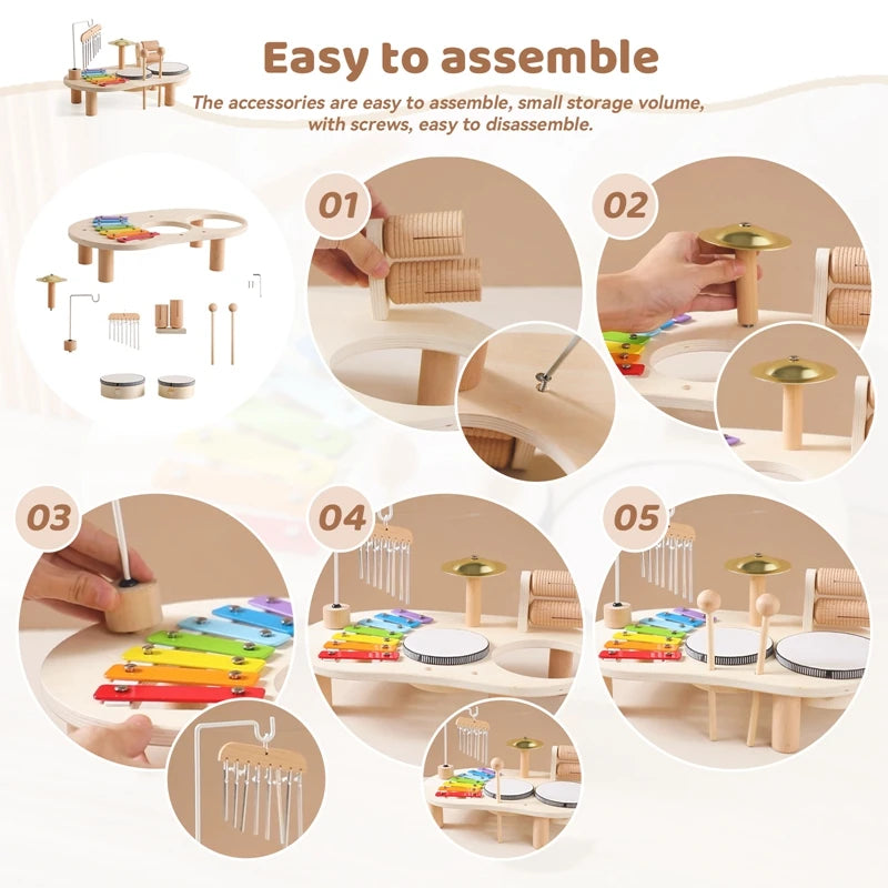 Step-by-step assembly of wooden kids musical instrument set with xylophone, drum, chimes, and cymbal