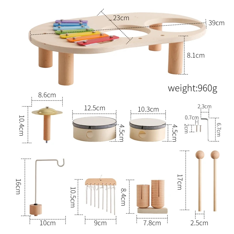 Wooden toddler musical instrument set with xylophone, drums, chimes, and mallets, labeled measurements