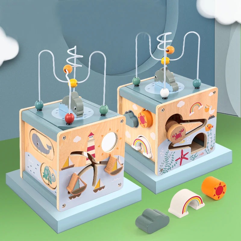 Wooden activity cubes for toddlers with bead maze, nautical and animal illustrations