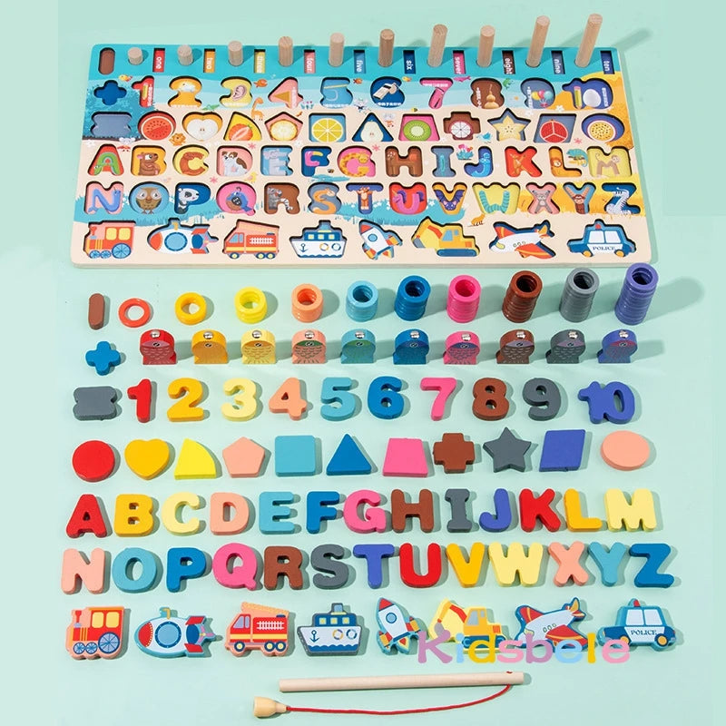 Colorful wooden educational puzzle with letters, numbers, shapes, and vehicles for kids