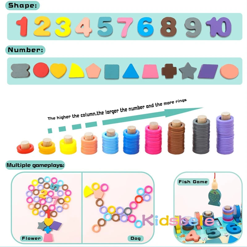 Colorful wooden number and shape sorting toy set with stacking rings and multiple play options