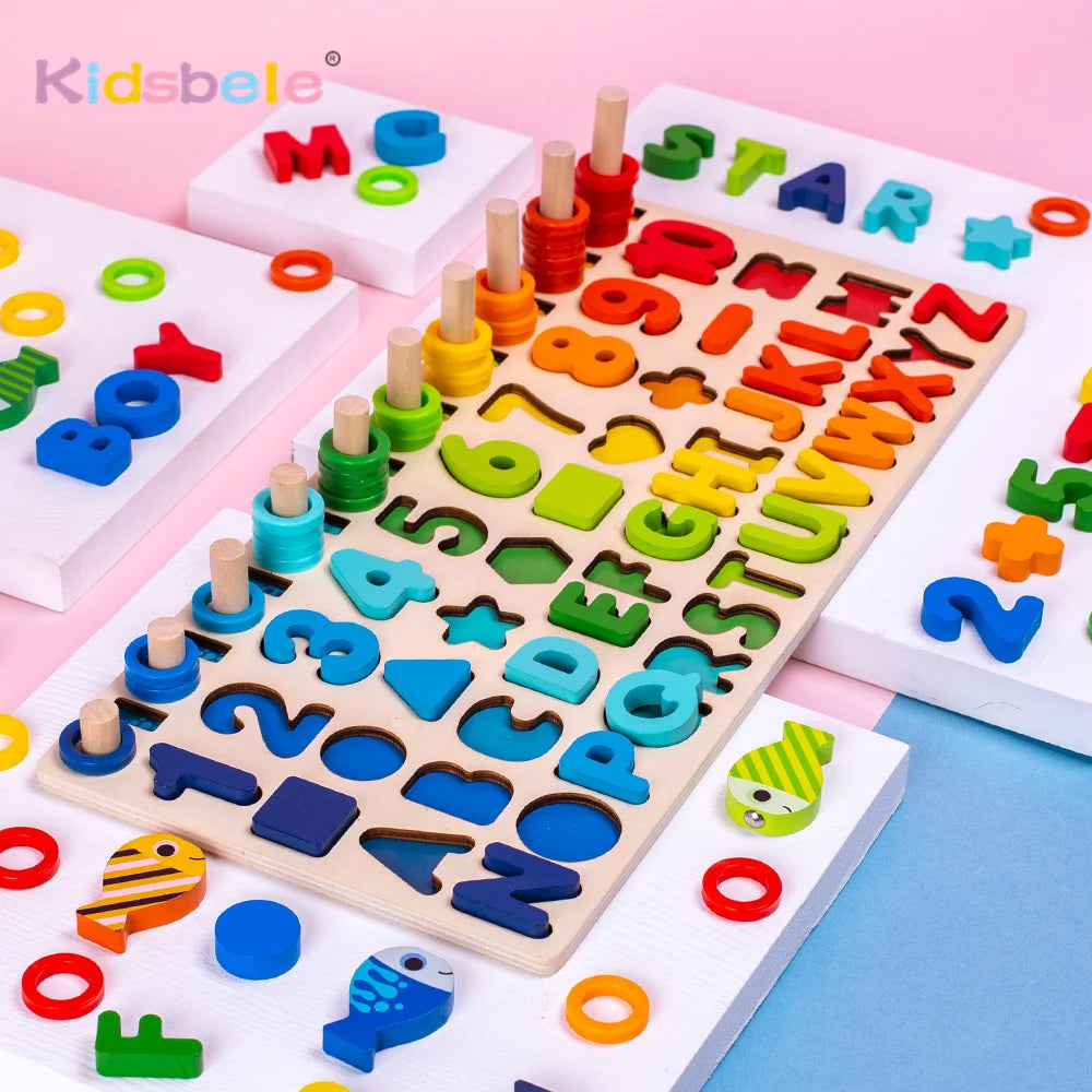 Colorful wooden alphabet and number puzzle board for kids on pink and blue background