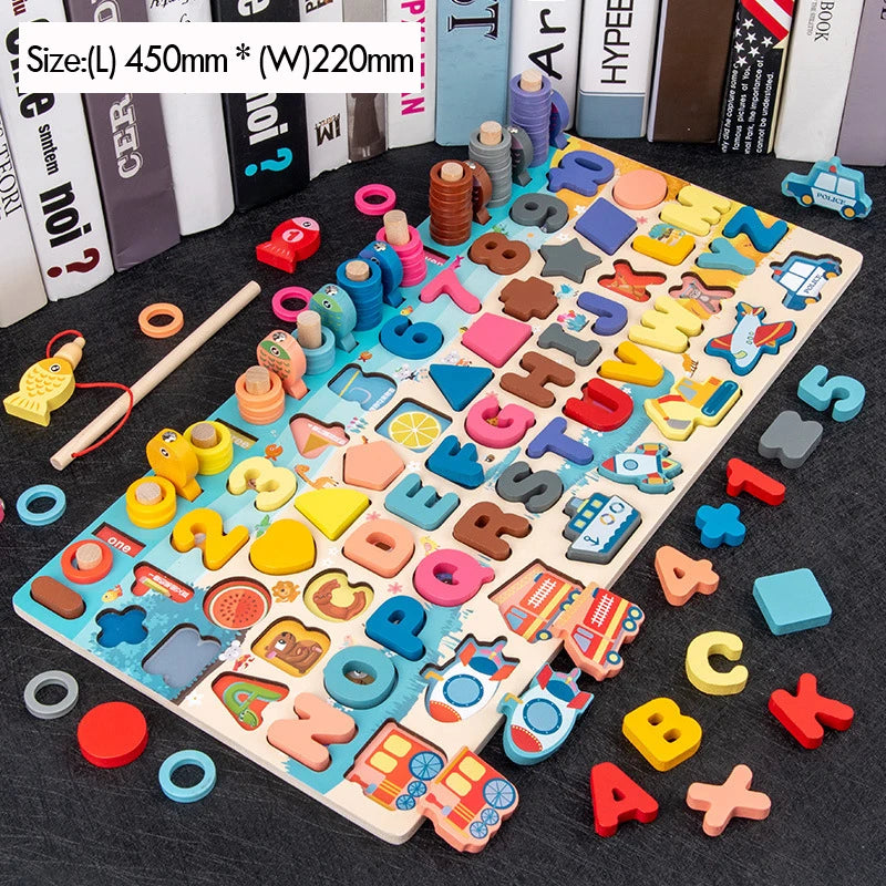 Colorful wooden alphabet and number puzzle board with shapes and stacking rings for kids