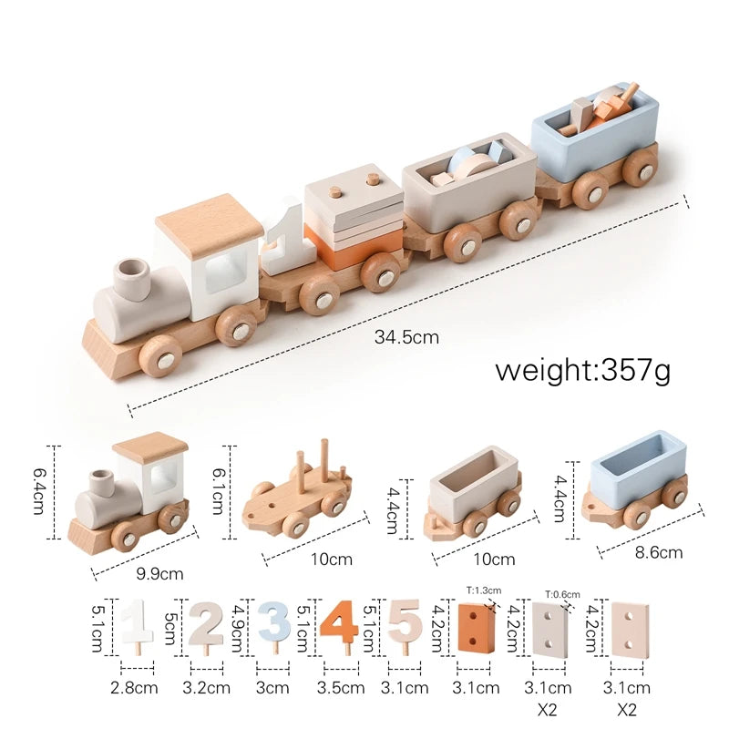 Wooden toy train set with numbered blocks and detachable cars, 34.5cm long, educational toy.