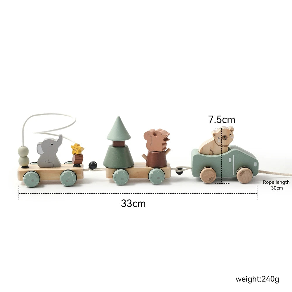 Wooden animal pull toy train with elephant, bear, and tree figures, 33cm long, 7.5cm high
