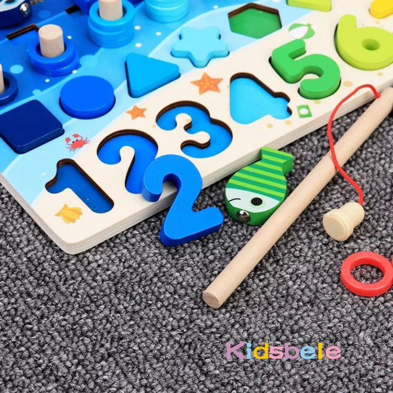 Colorful wooden number puzzle board with fishing game pieces for kids on carpet