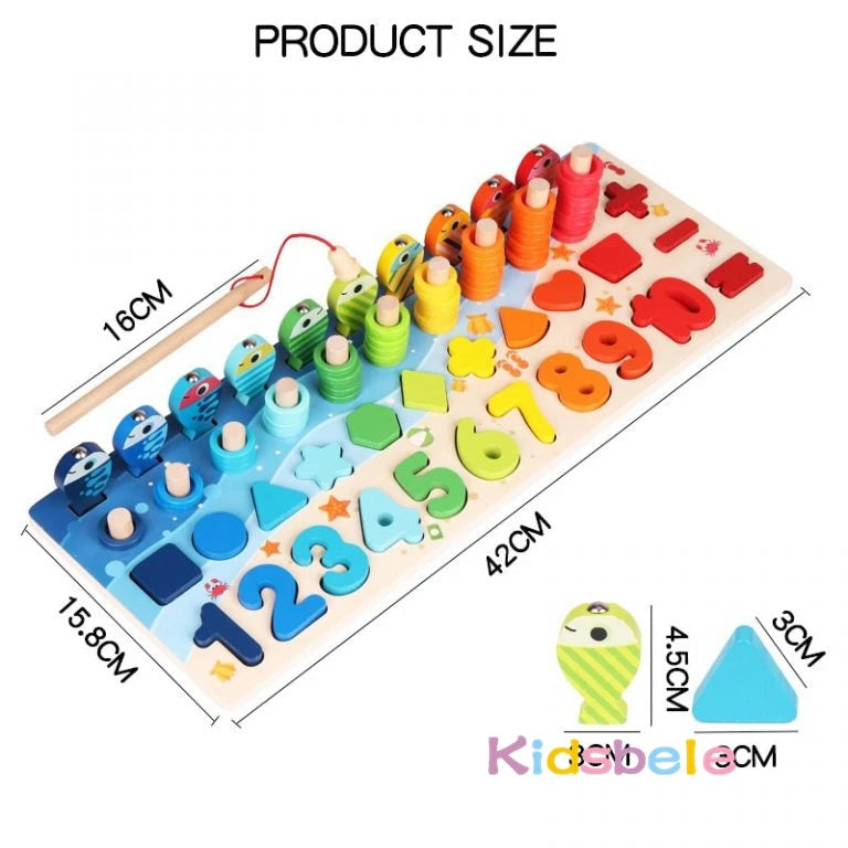 Colorful wooden Montessori sorting puzzle board with numbers, shapes, and fishing game pieces