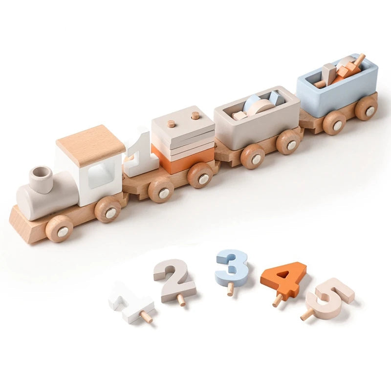 Wooden toy train with pastel numbers 1 to 5, educational stacking blocks for kids
