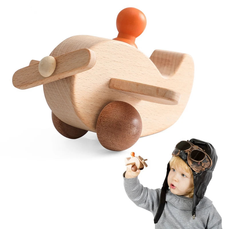 Wooden toy airplane with wheels and a child wearing aviator hat playing, 2PCS set