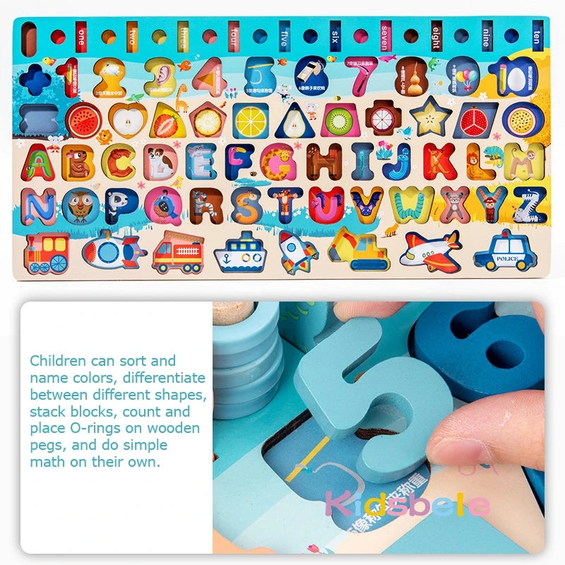 Wooden educational puzzle board with numbers, letters, shapes, and colorful vehicles for kids.