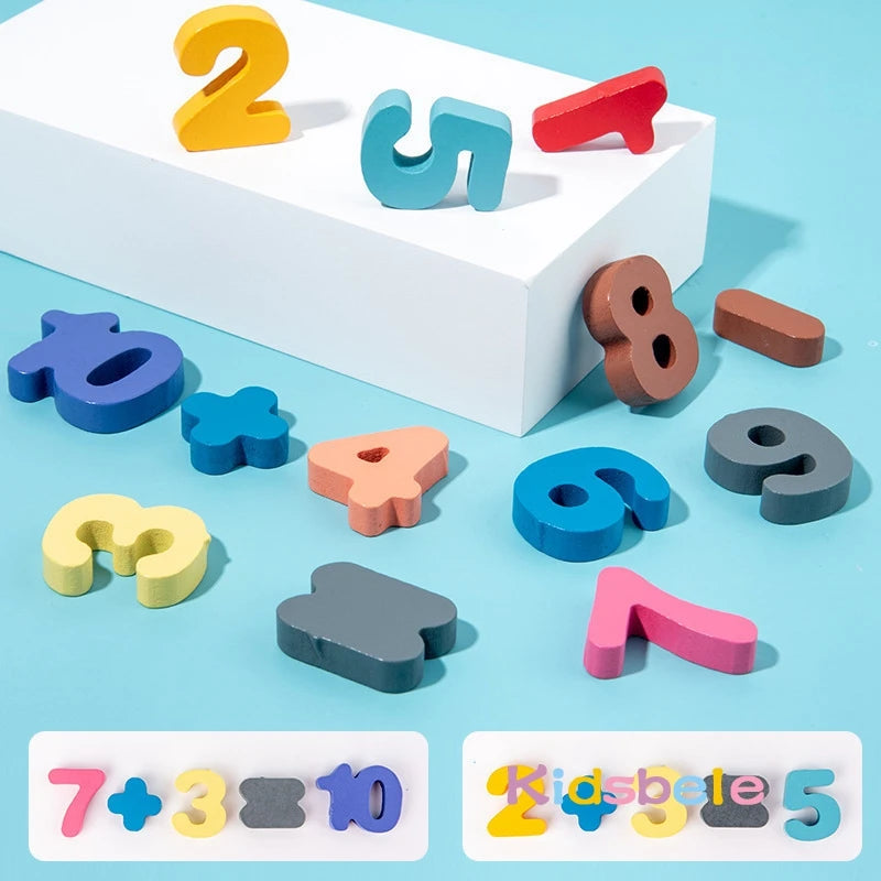 Colorful wooden number and math symbol toys for kids on a light blue background