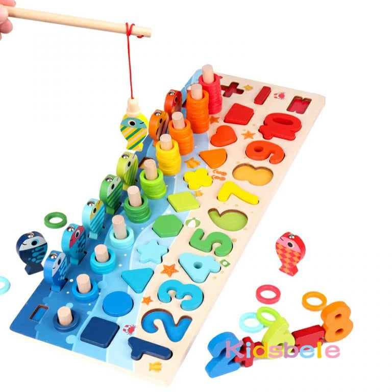 Colorful wooden Montessori fishing counting board with numbers, shapes, and rings