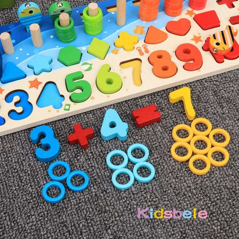 Wooden Montessori math puzzle with numbers, shapes, and counting rings on a gray carpet