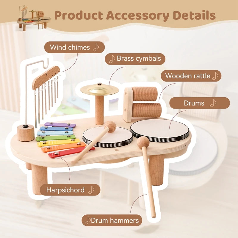 Wooden musical activity table with drums, xylophone, wind chimes, cymbals, and rattle