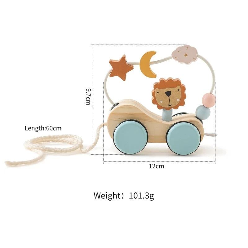 Wooden pull along toy with lion, pastel beads, blue wheels, and measurement details