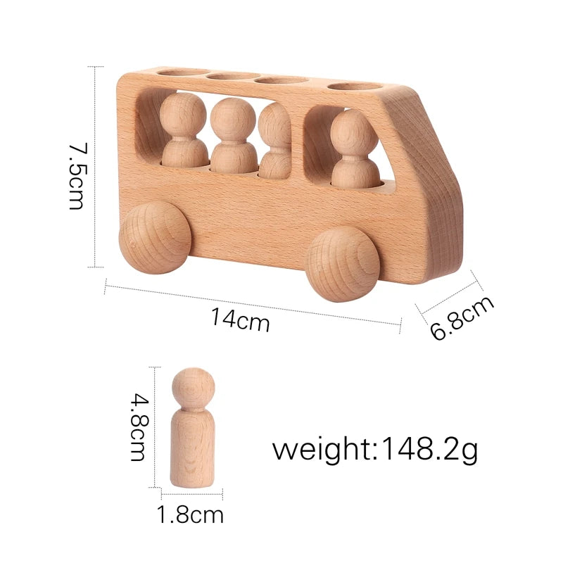 Wooden toy bus with four peg dolls, showing dimensions and weight in centimeters and grams.