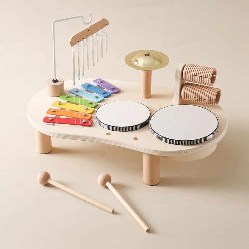 Wooden kids percussion instrument set with xylophone, drums, cymbal, chimes, and mallets