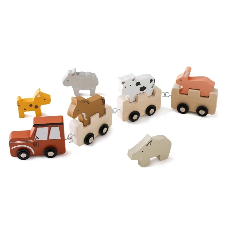 Wooden toy farm animal train set with tractor and detachable animal figures