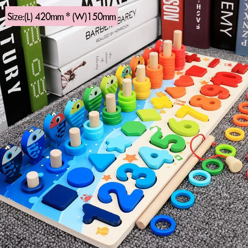 Colorful wooden number and shape sorting puzzle toy for kids, educational board on carpet