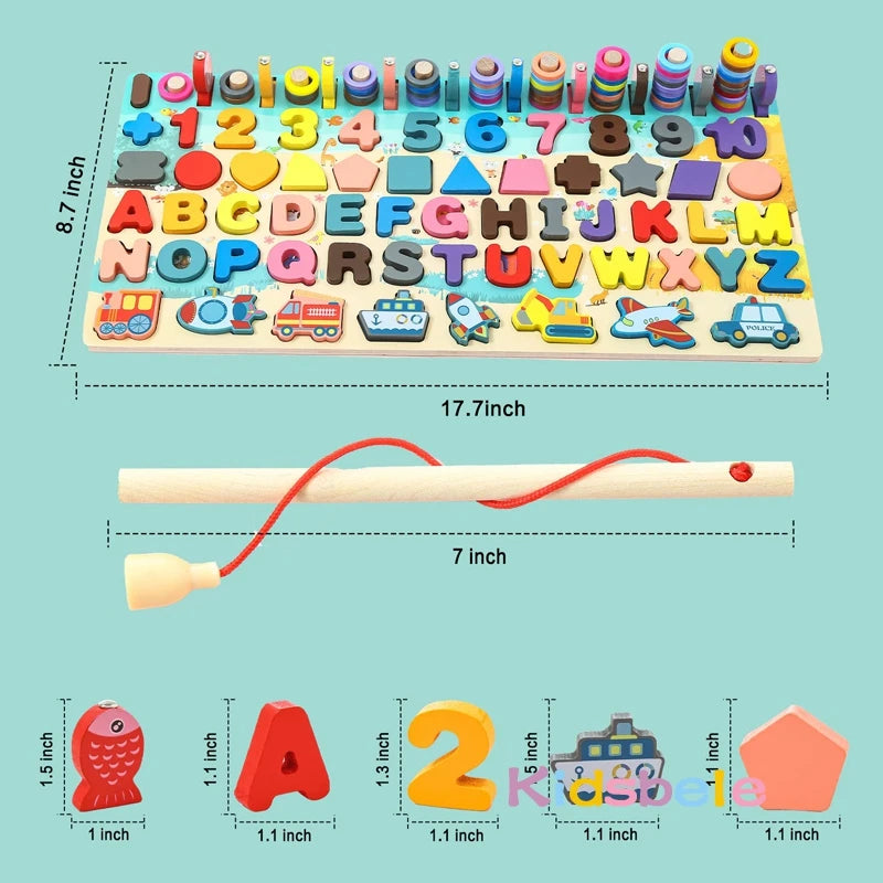 Wooden educational puzzle board with numbers, letters, shapes, vehicles and stacking rings